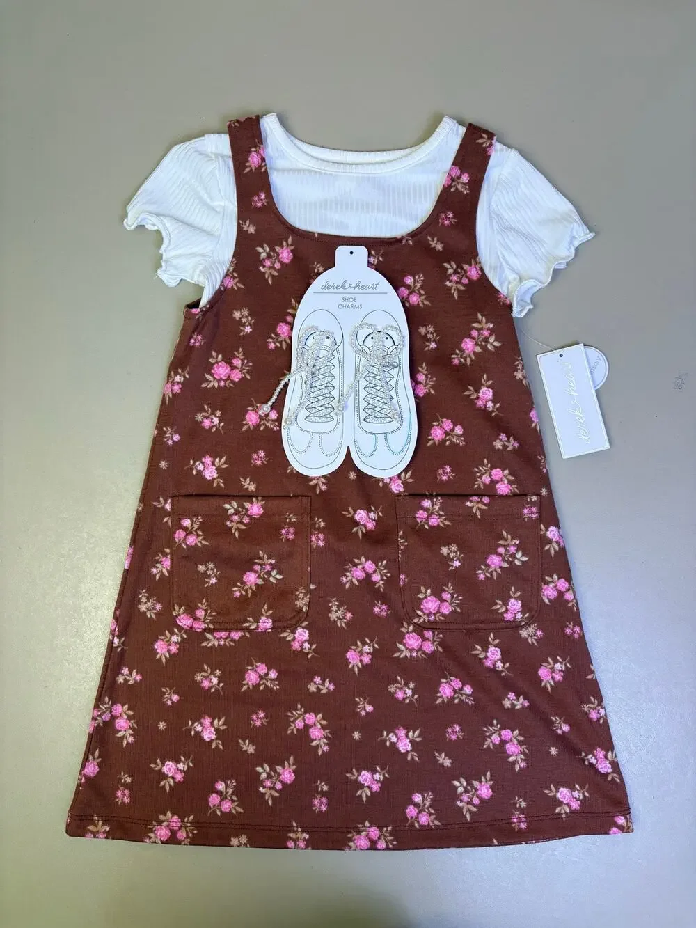 Derek Heart Girls Floral Jumper Dress Top Shoe Charms 3 Pc Set Size 5 NWT